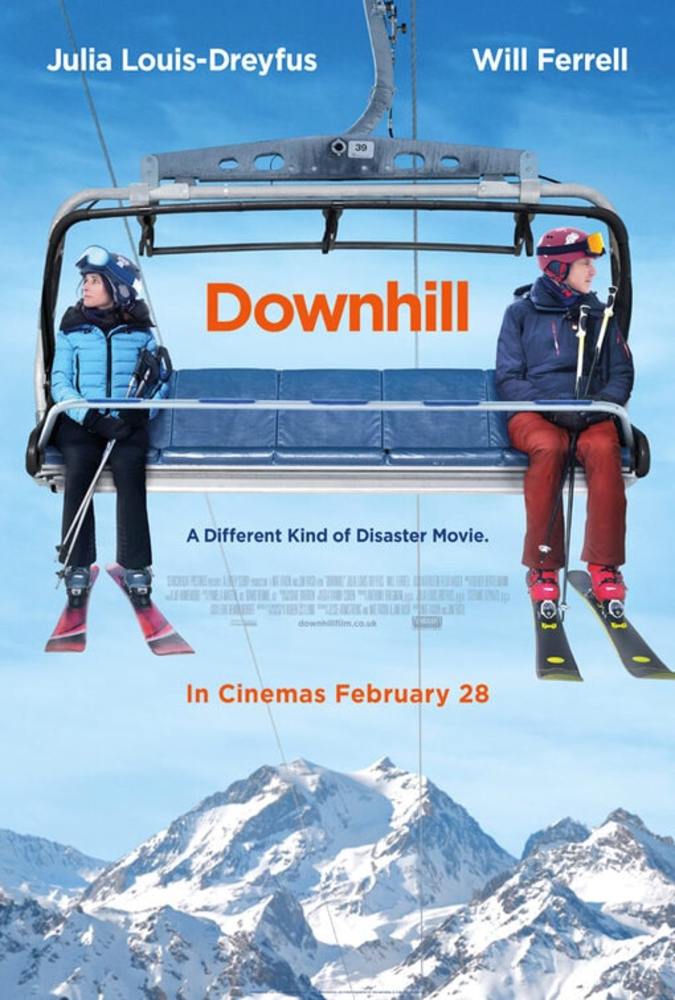 جولیا لوئی درایفوس و ویل فرل در پوستر فیلم «سراشیبی» (Downhill)